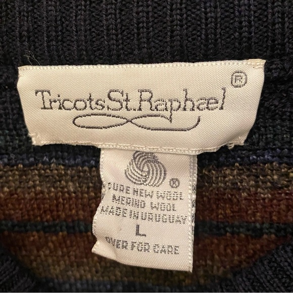Vintage TRICOTS ST. RAPHAEL Pure New Wool Striped Patterned Sweater Size Large - Picture 7 of 8